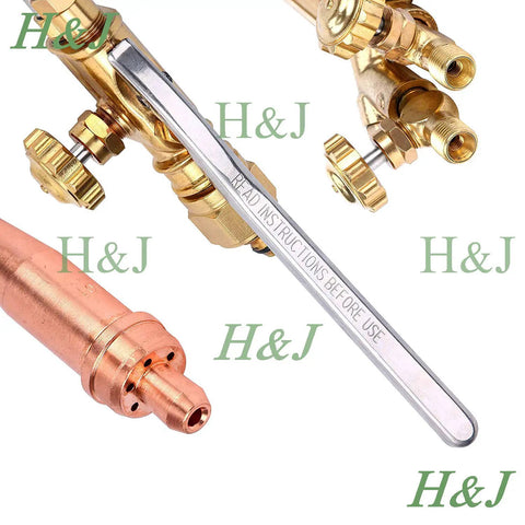 Beefy Heavy Duty Acetylene And Oxygen Cutting Welding Torch Kit With Handle And Cutting Attachment Three Piece Set Durable Brass And Stainless Steel Victor Type Ready For Multiple Gas Options Cutting Nozzle Tip Included with focus on copper nozzle and brass valves.