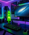 13 Inch Alien Head Wax Motion Lamp With Swirling Color Lights on a desk in a gaming setup, enhancing room ambiance