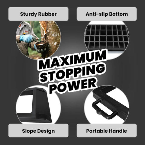 Kickass Heavy Duty Pallet Jack Wheel Chock With Anti Slip Grip, Truck Trailer Rubber Stopper Block features sturdy rubber and anti-slip bottom.