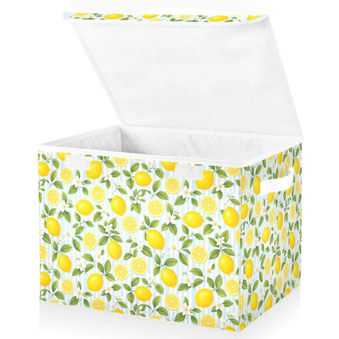 Heavy Duty Foldable Storage Bin With Secure Snap Lid And Wide Grip Handles For Bedroom Closet Organization Zero Clutter Space Saving Collapsible Fabric Container in lemon print, open, size 16.5x12.6x11.8in.