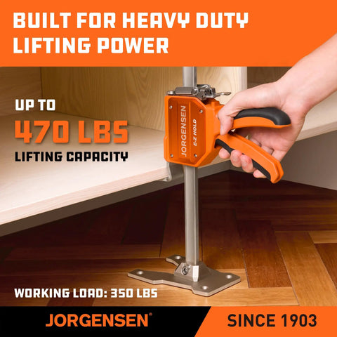 Jorgensen 470 Lb Cabinet Jack Clamp Lifting Tool with ergonomic handle lifting under cabinet for heavy duty tasks.