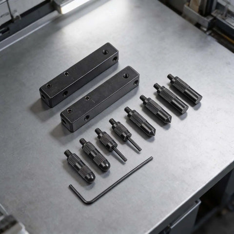 Digital Caliper Accessories Internal External Groove Step kit with 8 black measuring heads and 2 clamps on metal surface.