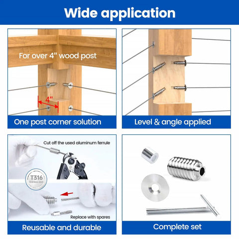 Invisible Cable Railing Kit For Wood Posts 4x4 To 8x8 One Eighth Inch Stainless Steel Swage Lag Screws, 20 Pack shown with application examples.