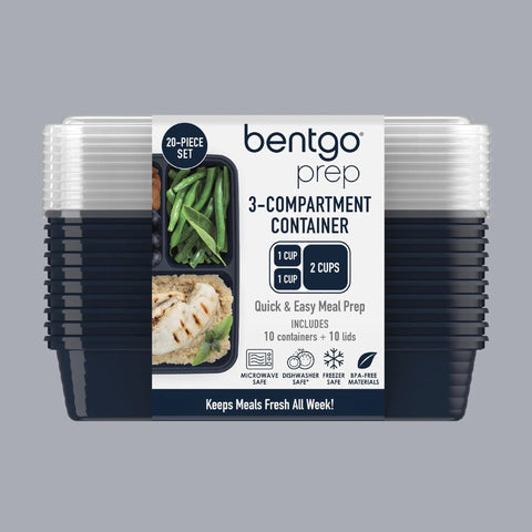 20 Piece Meal Prep Containers Set With Lids Three Compartment Reusable PFAS Free And BPA Free Materials Durable Microwave Safe Freezer Safe On The Go Navy Blue stacked and packaged