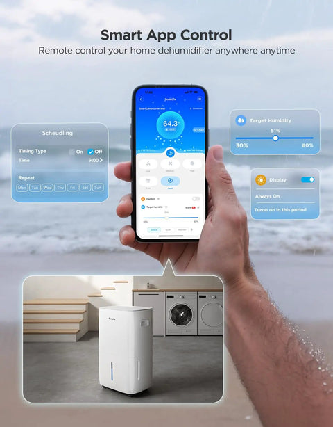 Smart Wifi Dehumidifier With App And Voice Control Alexa Google Compatible Covers Up To Four Thousand Five Hundred Square Feet, shown with app on smartphone.