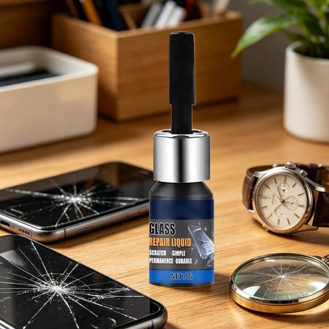 Universal Phone Screen Crack Repair Liquid And Scratch Filler Fluid for Smashed Glass Display Restoration on a desk with smartphones.