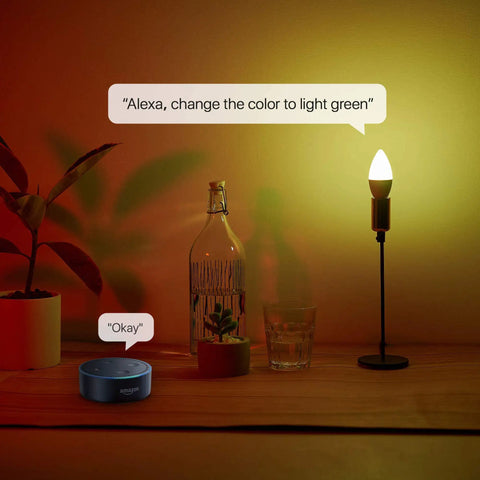 Candelabra E12 Smart Bulbs 5W 400lm LED RGB Color Changing illuminated by voice control via Alexa, shown in ambient room setting.