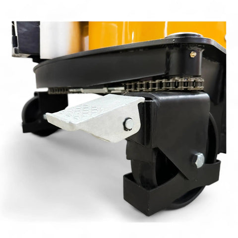 Heavy Duty Semi Electric Wide Leg Pallet Stacker With 3307 Pound Load Capacity And 78 Inch Lift Height Featuring Adjustable Base Frame Legs showing wheel and pedal detail.