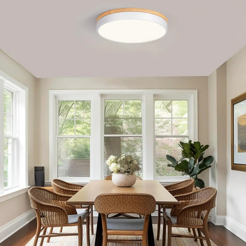 Dining room with Wooden Flush Mount Ceiling Light With Dimmable LED 5CCT 2700K 6000K Round 16 Inch Ceiling Fixture installed