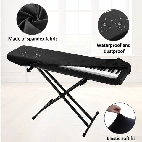 Black stretchy 88-key digital piano dust cover protects keyboard from dust and spills, water-resistant, snug fit, shown on stand.