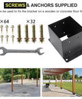 Heavy Duty 6x6 Post Base Brackets 8 Pack Built From 14 Gauge Steel With Black Powder Coat shown with bolts, anchors, and wrench.