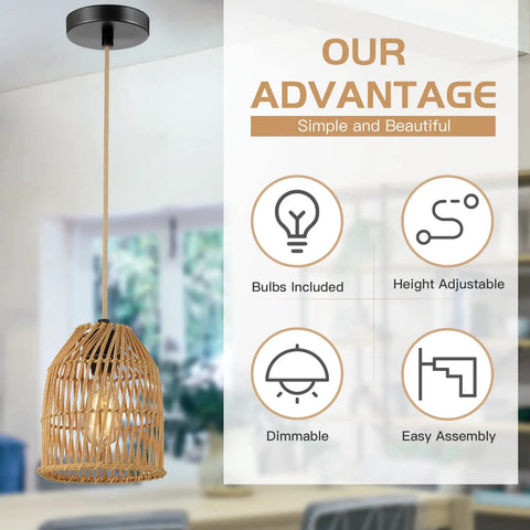 Boho Rattan Pendant Light Fixture With 72in Golden Cotton Cord Handwoven Hanging Lamp For Kitchen Island And Living Room Bulb Included