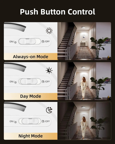 Push Button Control for Hassle Free Plug and Play Motion Sensor Ceiling Light 2 Pack, showing Always-on, Day, and Night modes.