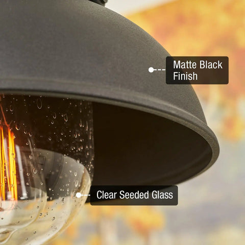 Close-up of Farmhouse Nautical Flush Mount Ceiling Light With Seeded Glass Shade In Matte Black Finish showing glass and matte details.