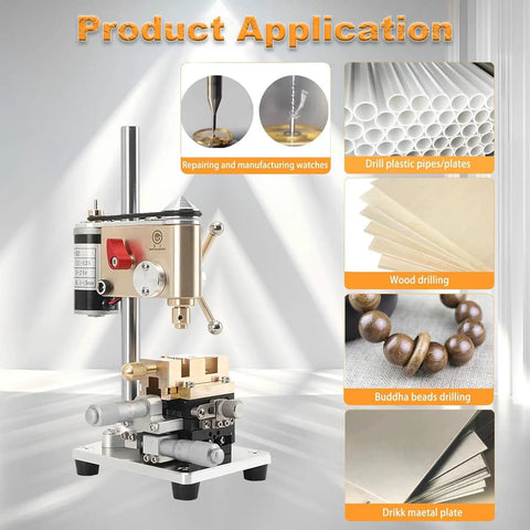 Ultimate Precision Watch Drill Press With Variable Speed Benchtop Motor And Adjustable Voltage shown in use for repairing watches and wood drilling.