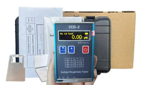 Handheld Surface Roughness Tester and Profilometer with USB data output and real-time monitoring display with accessories.