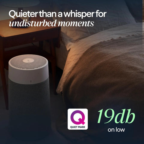 Smart Air Purifier For Bedrooms And Small Rooms Up To 926 Sq Ft With HEPASilent Filtration near a bed, 19dB noise level.