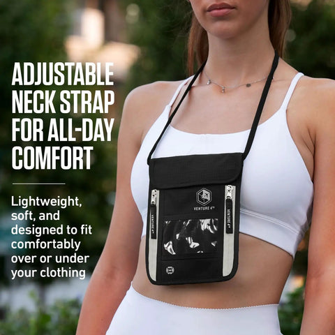 Stealthy Hidden Neck Wallet For Travel With RFID Blocking Passport Holder on woman, showing adjustable strap and mesh backing.