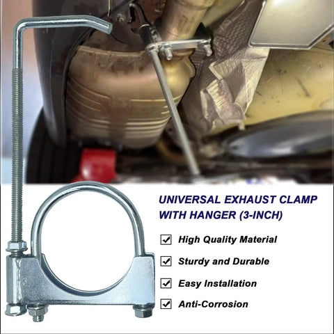 Beefy Heavy Duty Universal Exhaust Clamp With Hanger For 3 Inch Exhaust Pipes Easy Install Mount shown with vehicle exhaust system