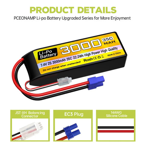 2S 7.4V 3000mAh 35C LiPo Battery with EC3 plug and USB charger for RC cars trucks boats drones FPV quadcopters and aircraft
