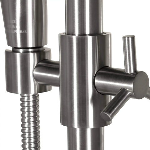 Close-up of AquaBar Shower System With 5 Function Hand Shower Slide Bar Brushed Nickel Finish No Drill Surface Mounted Retrofit