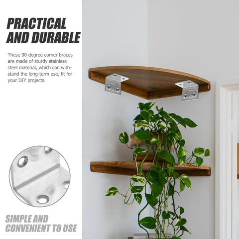 Ten Pack 304 Stainless Steel Shelf Brackets 90 Degree L Shaped Support installed under wooden shelf with plants