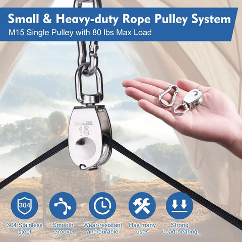 Heavy Duty 304 Stainless Steel Pulley Kit With Extra Long Nylon Rope For Flag Poles Clotheslines Garage Hoists And Pro Level Diy Builds That Handle Big Loads No Sweat Without Skipping A Beat, M15 pulley with 80 lbs load.