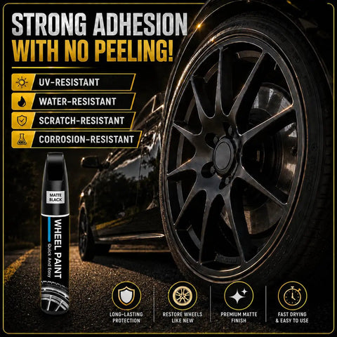 Gloss Black Rim Touch Up Paint And Wheel Scratch Repair Kit For Curb Rash Quick Dry Auto Wheel Refinisher, featuring matte black wheel with tire.