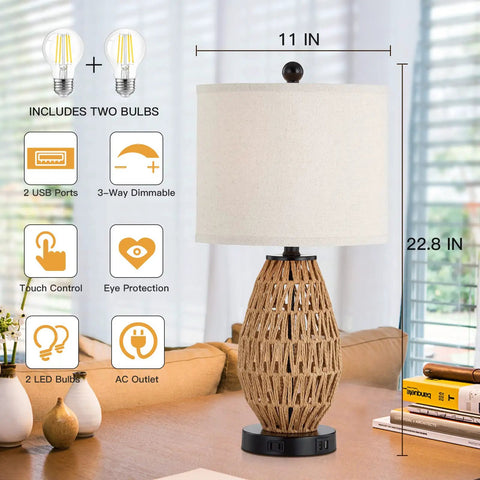 Rattan Table Lamp With Touch Control 3 Way Dimmable Bedside Light For Bedroom And Living Room Cozy Wicker Nightstand Lamp With USB Ports And AC Outlet LED Bulb Included Easy Tap To Dim, showing measurements and features.