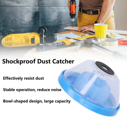 Heavy Duty Electric Drill Dust Collector With Slick Bowl Shield And Roomy Debris Tray For Zero Drama Drilling On 4 To 10mm Gear next to tools on a workbench.
