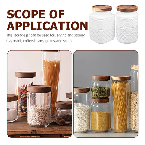 Top Shelf Durable 1800Ml Glass Storage Jars With Hella Tight Airtight Wooden Lids, vintage white matte jars for snacks and grains.