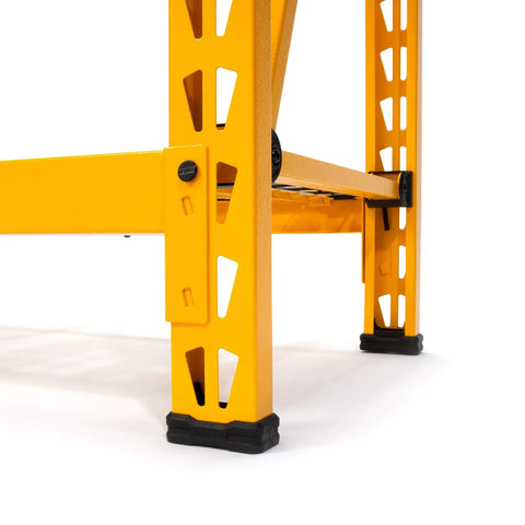 Close-up view of Rock Solid Steel Wire Shelving Rack With Locking Shelf Pins, Hella Expandable Industrial Storage System For Garage Workspace featuring sturdy yellow frame and foot stability.