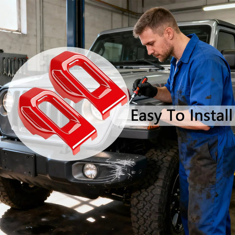 Red ABS Hood Latch Covers 2pc for Jeep Wrangler JL JLU Gladiator JT stylishly shown during easy installation.