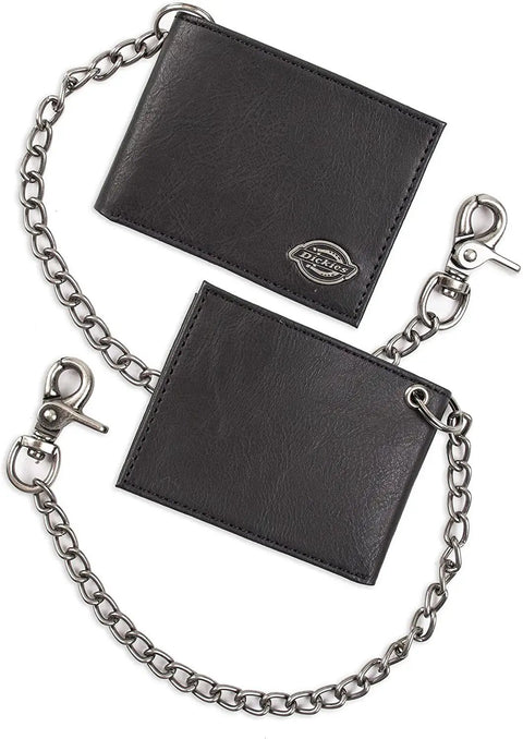 Rugged RFID Leather Bifold Chain Wallet For Men In Pebbled Black with heavy duty chain and hook, showcased open and closed.