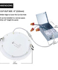 Slim LED Canless Recessed Downlight 6 Inch, 12W, dimensions and junction box visible