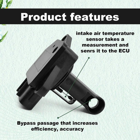 Close-up of Toyota 22204-21010 Mass Air Flow Sensor highlighting intake air temperature sensor and bypass passage.