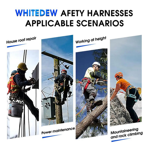 Heavy Duty Full Body Fall Protection Safety Harness With Shock Absorbing Lanyard And Super Comfy Ventilated Mesh Padding For No Sweat Daily Grind Plus Four Quick Release Buckles Blue used in various high-altitude jobs.