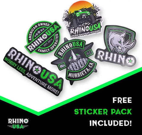 Rhino USA sticker pack with various designs and logos on a promotional background, including a green and orange color scheme.