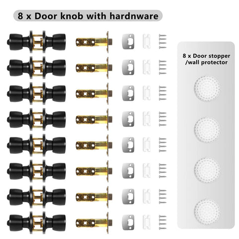 8 Pack Matte Black Privacy Door Knobs Set With Keyless Round Locks For Bedroom Bathroom And Garage, Adjustable 2-3/8 Or 2-3/4 Backset, Easy Install With Screws, Strike Plates, And 8 Free Door Stoppers image showing components