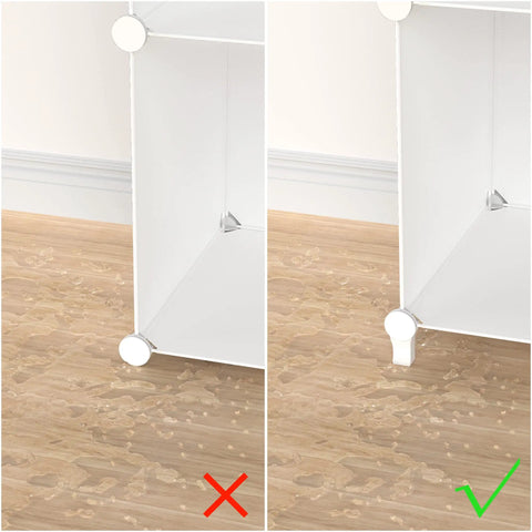 Comparison of 12 Cube Closet Organizer System For Easy Home Storage with and without protective foot, white plastic panels on wood floor.