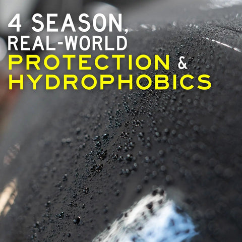 Close-up of hydrophobic effects on car paint using 845 Insulator Wax Carnauba And Polymer Sealant With No Fuss Easy To Use.