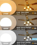 Comparison of A15 LED E26 ceiling fan bulbs at 2700K, 4000K, and 5000K daylight, showing light color variations.