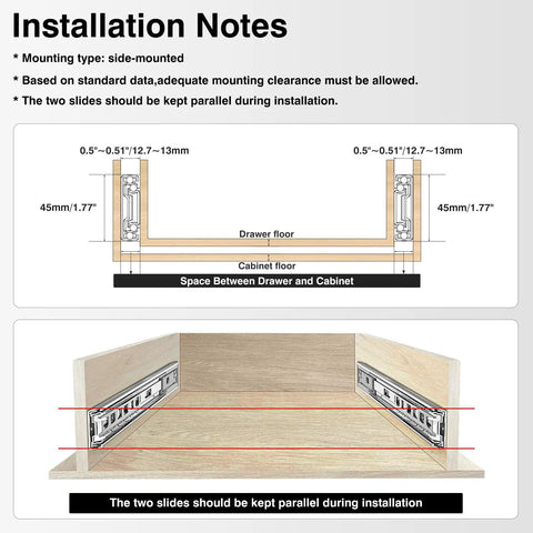 Installation notes for 12 Inch Soft Close Stainless Steel Drawer Slides 1 Pair with clear mounting instructions and dimensions.