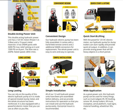Heavy Duty 12V DC Double Acting Hydraulic Jack Pump With Steel Tank For Dump Trailers And Pickup Rigs No Hassle Slick Operation At 3200 Psi showing connections and remote control.