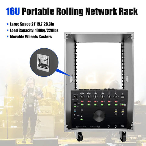 Rock Solid 16U Portable Rolling Network Rack Studio Server Cabinet With Built Handles Smooth Swivel Casters Fire Resistant PVC Surface shown with mixer.