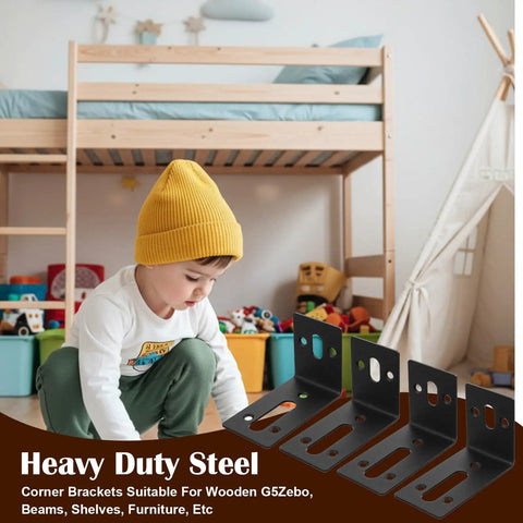 Rock Solid Ten Pack Black Slotted L Brackets For Furniture Adjustable Corner Supports Heavy Duty Metal Right Angle Braces No Sweat Setup Built Like A Tank For Any DIY Project with a child and furniture in the background.