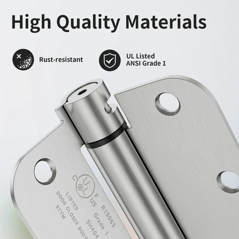 Close-up of Quick Install Self Closing Door Hinges 3.5 Inch Spring Loaded Hardware with rust-resistant brushed nickel finish.