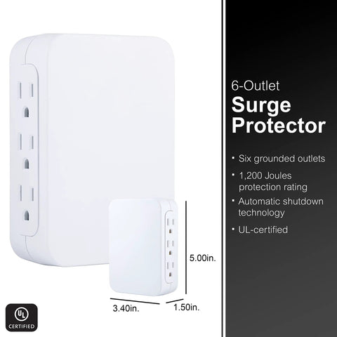 Six Outlet Surge Protector Wall Tap Extender With Side Access Design For Tight Spots, 1200 Joules, 3 Prong Grounded Outlets, UL Listed, White