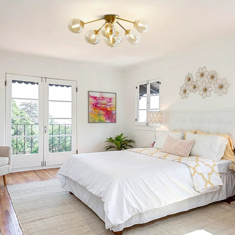 Seven Light Mid Century Modern Flush Mount Ceiling Light With Amber Glass Sputnik Globes Brass Gold Finish for bedroom.