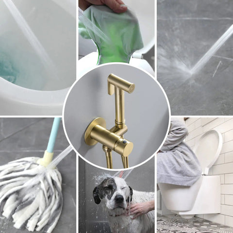 Collage showing uses of Warm Water Bidet Sprayer With Hot And Cold Brass Rough In Valve And SUS304 Stainless Steel Round Handheld Attachment